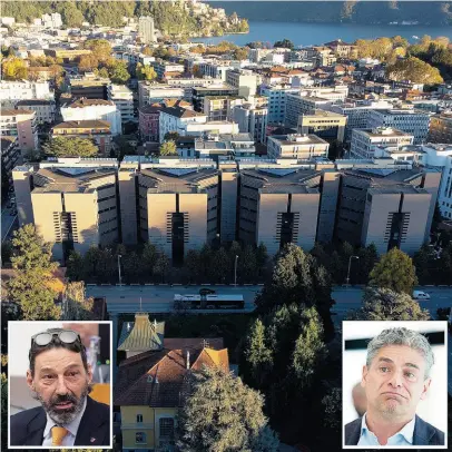  ?? TI-PRESS ?? Foletti perplesso, Galeazzi pure. Sullo sfondo l’edificio che il Cantone vorrebbe acquistare per 76 milioni di franchi