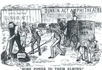  ?? SUPPLIED PHOTO ?? An 1864 editorial cartoon shows men snaring the dog of drink to promote the Dunkin Act, a pre-Confederat­ion law that allowed local bans on sales of alcohol.