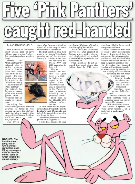  ??  ?? ROGUES: The Pink Panthers gang, five of whom were arrested (top inset) Friday, are responsibl­e for 380 robberies, some of which involve disguises (above).