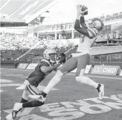  ??  ?? Lions receiver Shaq Johnson hauls in a pass in the end zone over Eskimos defender Monshadrik Hunter during the first half.