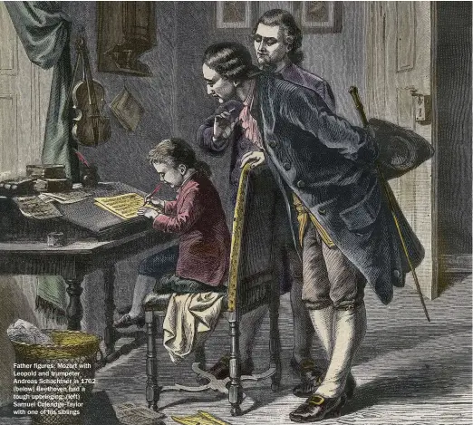  ??  ?? Father figures: Mozart with Leopold and trumpeter Andreas Schachtner in 1762: (below) Beethoven had a tough upbringing; (left) Samuel Coleridge-taylor with one of his siblings
