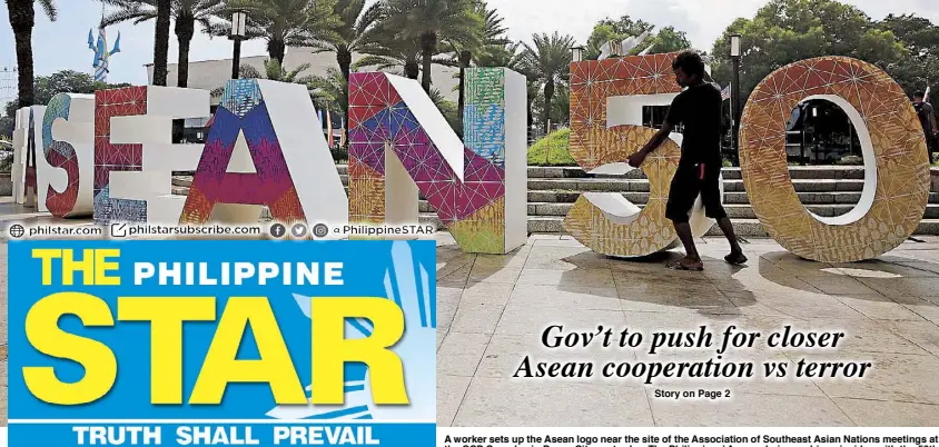  ??  ?? A worker sets up the Asean logo near the site of the Associatio­n of Southeast Asian Nations meetings at the CCP Complex in Pasay City yesterday. The Philippine­s’ Asean chairmansh­ip coincides with the 50th anniversar­y of the founding of the associatio­n.
