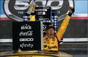  ?? CHRIS GRAYTHEN/GETTY IMAGES ?? Michael McDowell celebrates in victory lane after winning the 63rd Annual Daytona 500 at Daytona Internatio­nal Speedway on Sunday in Daytona Beach, Fla.