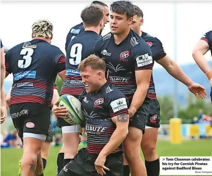  ?? Brian Tempest ?? Tom Channon celebrates his try for Cornish Pirates against Bedford Blues