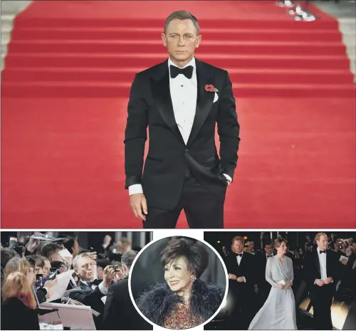  ??  ?? BOND MARKET: Daniel Craig on the red carpet; the Duke and Duchess of Cambridge and Prince Harry arrive; Shirley Bassey at the premiere; and Craig poses for a selfie.