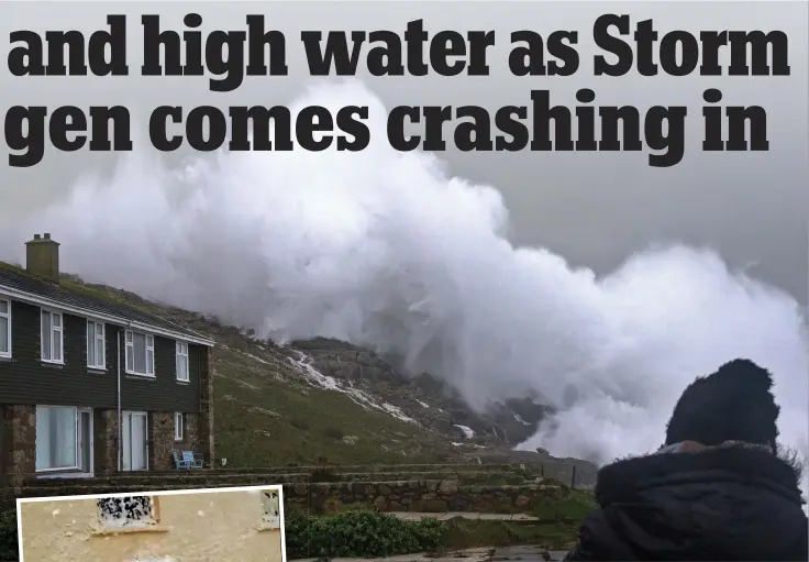  ??  ?? Menacing: Waves crash over the cliffs at Sennen, near Land’s End, yesterday