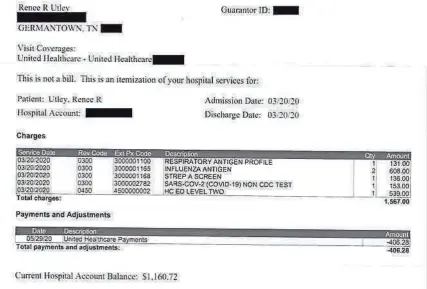  ?? PROVIDED BY RENEE UTLEY ?? An itemizatio­n shows Renee Utley’s charges related to her COVID-19 test on March 20, 2020. The Commercial Appeal redacted her address and account numbers.