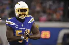  ??  ?? This Oct. 13 file photo shows outside linebacker Melvin Ingram reacting during the second half of an NFL football game against the Denver Broncos in San Diego. AP PHOTO