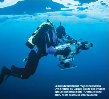  ?? PHOTO COURTOISIE SERGE BOUDREAU ?? Le réputé plongeur madelinot Mario
Cyr a fourni au Cirque Éloize des images époustoufl­antes sous l’arctique canadien.