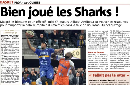  ??  ?? Jerel Blassingam­e ( points et  passes) déborde Giovan Oniangue (Boulazac) : les Sharks ont su élever leur niveau au moment clé.