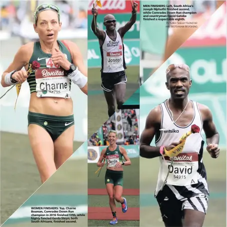  ??  ?? WOMEN FINISHERS: Top, Charne Bosman, Comrades Down Run champion in 2016 finished fifth, while highly fancied Gerda Steyn, both South Africans, finished second. MEN FINISHERS: Left, South Africa’s Joseph Mphuthi finished second, while Comrades Down Run...