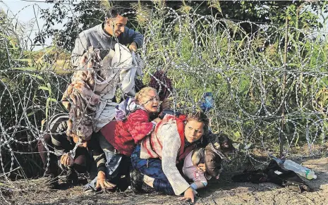  ?? Foto: Reuters ?? Syrští běženci se prodírají skrz plot z ostnatého drátu, který Maďarsko vybudovalo na hranicích se Srbskem.