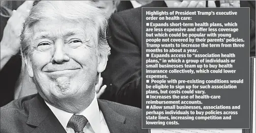  ??  ?? MEDICINE MAN: President Trump feels better Thursday after signing an executive order that strips away some ObamaCare regulation­s.