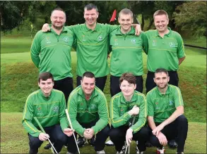  ??  ?? The Kerry team Jason o’Brien, James Dignan, Jason Creagan, Declan McCarron (back from left) Aiden O’Connor, John McGrath, Damien Fleming and Jason O’Regan at the All Ireland Mens and Ladies Pitch and Putt finals at Deerpark Killarney over the weekend.Photo by Michelle Cooper Galvin