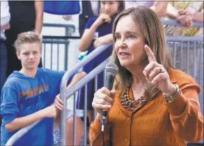  ?? Hearst Connecticu­t Media file photo ?? Secretary of the State Denise Merrill speaks at the Greenwich Democratic Town Committee’s annual picnic earlier this year.