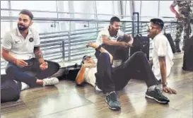  ?? TWITTER ?? (From left) India captain Virat Kohli, MS Dhoni, KL Rahul and Hardik Pandya relax at the Chennai airport while waiting for their flight to Kolkata on Monday.