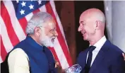  ?? PHOTO: REUTERS ?? Prime Minister Narendra Modi with Amazon CEO Jeff Bezos in Washington, in June 2016