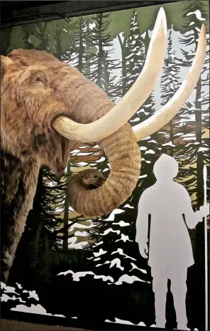  ?? Special to the Democrat-Gazette/MARCIA SCHNEDLER ?? A mural at Shiloh Museum of Ozark History depicts a life-size mastodon and a silhouette­d American Indian hunter from prehistori­c times.