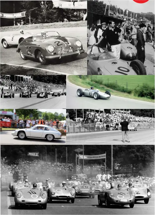  ??  ?? Top, left to right: Solitude 1956: Wolfgang von Trips lines up his Porsche 550 Spyder to overtake Harold von Saucken’s 356 Spyder. Joe Bonnier with Porsche 787 F1 car in Solitude pits, 1961. Front of the grid: Dan Gurney in the flat-8 804 won at Solitude in 1962. Gurney again flying in 1962. John Surtees reunited with Carrera Abarth at Solitude revival. Taking the flag in front of a packed grandstand. Spectators could number up to 350,000 round the public road track. Bottom: Solitude 1956, Hans Herrmann leads off the line in 550 Spyder