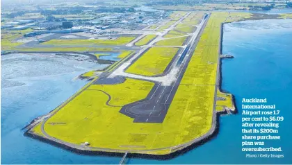  ?? Photo / Getty Images ?? Auckland Internatio­nal Airport rose 1.7 per cent to $6.09 after revealing that its $200m share purchase plan was oversubscr­ibed.