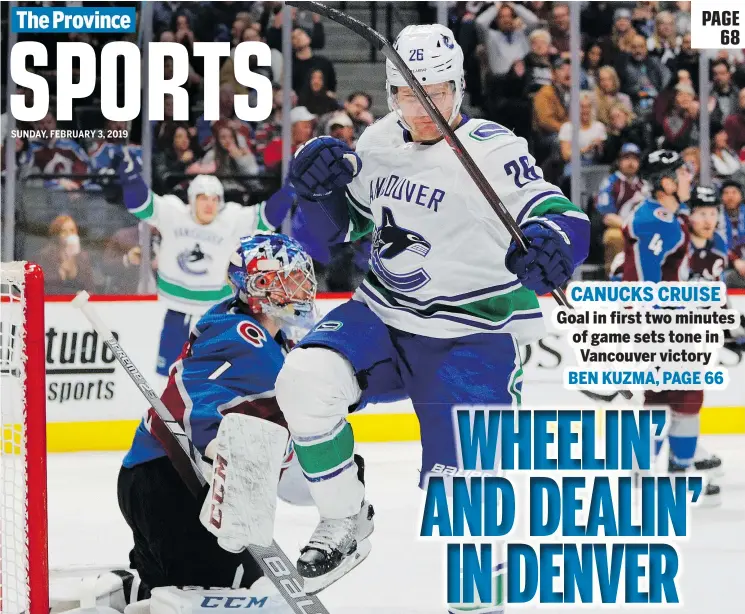  ?? — AP PHOTO ?? Canucks winger Antoine Roussel buried Vancouver’s third goal on Semyon Varlamov in a 5-1 Vancouver romp over the Avalanche in Denver on Saturday night.