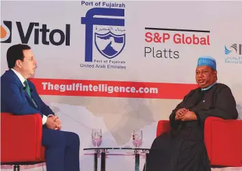  ?? Atiq ur Rehman/Gulf News ?? Mohammad Barkindo and moderator John Defterios of CNN Money at a panel discussion during the Gulf Intelligen­ce Energy Markets Forum 2018 in Fujairah yesterday.