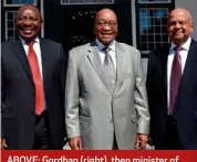  ??  ?? ABOVE: Gordhan (right), then minister of finance, in 2017 with deputy president Cyril Ramaphosa (left) and president Jacob Zuma. ABOVE RIGHT: The EFF’s Floyd Shivambu (left) with Malema. RIGHT: Gordhan with daughter Anisha, whom the EFF has accused of benefiting from state tenders.