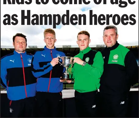  ??  ?? Rangers U20 manager Graeme Murty (left) with Ross McCrorie and Celtic U20 manager Tommy McIntyre (right) and Sam Wardrop