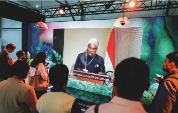  ?? Reuters ?? Bhupender Yadav, India’s Minister for Environmen­t, Forest and Climate Change, speaks at a news conference during the COP27 climate summit, in Sharm Al Shaikh, Egypt, yesterday.