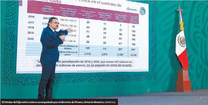  ?? ESPECIAL ?? El titular del Ejecutivo estuvo acompañado por el director de Pemex, Octavio Romero.