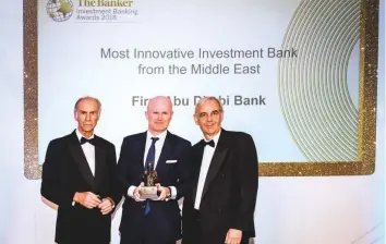  ?? Press release ?? First Abu Dhabi Bank (FAB) has been named ‘Most Innovative Investment Bank from the Middle East’ for the third consecutiv­e year at The Banker’s prestigiou­s 2018 Investment Banking Awards. Andy Cairns, FAB’s senior managing director and head of Global Corporate Finance, received the award at a ceremony in London.