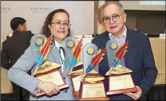  ??  ?? Four trophies won by The Philippine STAR from the 2016-2017 Journalism Awards of the Rotary Club of Manila are held by STAR associate editor Marichu Villanueva, who was cited as Female Opinion Writer of the Year, and Babe Romualdez as Male Opinion...