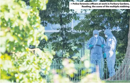  ??  ?? > Police forensics officers at work in Forbury Gardens, Reading, the scene of the multiple stabbing