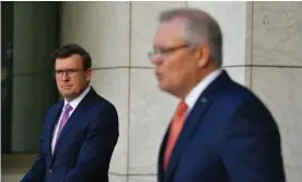  ?? Photograph: Mick Tsikas/AAP ?? Acting immigratio­n minister Alan Tudge and prime minister Scott Morrison announcing new visa arrangemen­ts for Hong Kong citizens in Australia on Thursday.