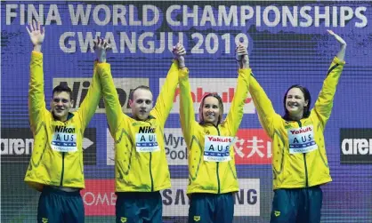  ??  ?? Mitch Larkin, Matthew Wilson, Emma McKeon and Cate Campbell won relay gold for Australia. Photograph: Quinn Rooney/Getty Images