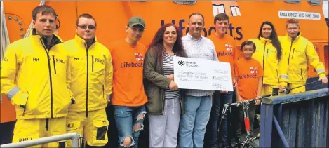  ??  ?? At the cheque presentati­on are RNLI volunteers Mathew Conley and Paul Ives, left, with Logan, Lynette, Christophe­r, James and Liam, centre, and RNLI volunteers Carla Jackson and Dhyllon Cox, right.