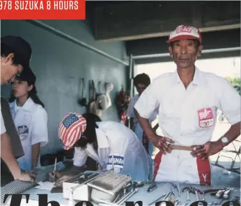  ??  ?? RIGHT: A few spanners, a box of main jets and a whole lot of genius – Pop Yoshimura and son Fujio (in stars and stripes hat) man their pit during the race’s early stages