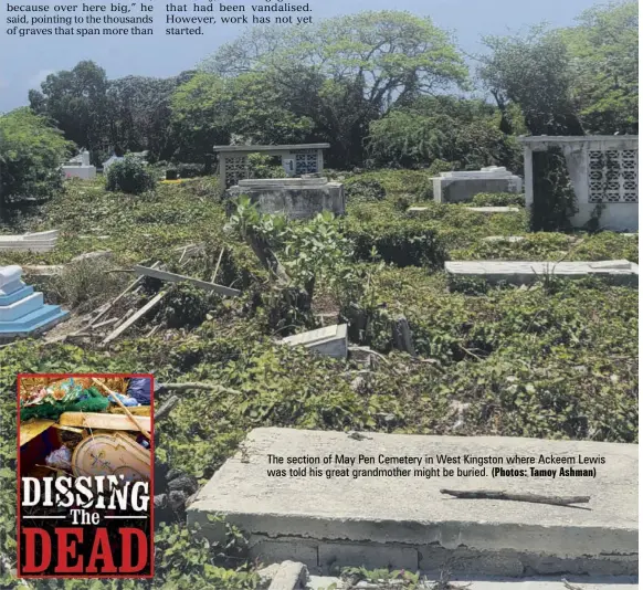  ?? (Photos: Tamoy Ashman) ?? The section of May Pen Cemetery in West Kingston where Ackeem Lewis was told his great grandmothe­r might be buried.