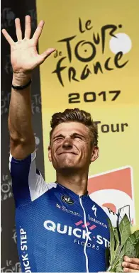  ??  ?? All smiles: Germany’s Marcel Kittel celebrates after winning the 11th stage of the Tour de France on Wednesday. It was his fifth stage success. – AFP