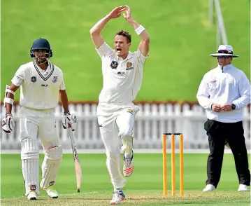  ?? PHOTOSPORT ?? Wellington bowler Ollie Newton had a first over to remember in his Plunket Shield debut.