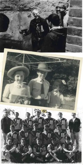  ??  ?? Clockwise, from top left: Doyle (middle) and his cousins dressing up for Australia day in the early Sixties; Doyle shooting Cui Jian's 2013 Chinese music film Blue Sky
Bones in the Three Gorges, China; Doyle and his sisters in their school uniforms in the early Sixties; Doyle (middle row, far right), aged roughly 15, and his high school rugby team; Doyle and his father at the mission school featured in Rabbit-proof Fence, the film for which he won best cinematogr­aphy at the Australian Academy of Cinema and Television Arts Awards in 2002