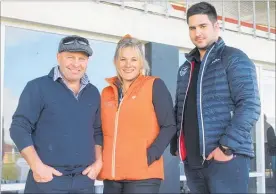  ??  ?? Local trainers Grant Cullen, Nikki Lourie and friend Dean Winiata at Woodville to test out their horses.