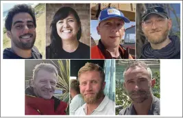  ?? WORLD CENTRAL KITCHEN/WCK.ORG VIA AP ?? The seven aid workers who were killed in Gaza April 1by Israeli airstrikes. Top left to right: Palestinia­n Saifeddin Issam Ayad Abutaha, Lalzawmi “Zomi” Frankcom of Australia, Damian Soból of Poland, and Jacob Flickinger of the U.S. and Canada. Bottom left to right: John Chapman of Britain, James Henderson of Britain and James Kirby of Britain.