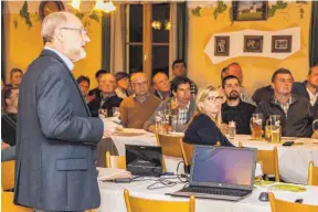  ?? FOTOS: MARK HILDEBRAND­T ?? Karl-Georg Geßler vom Bergpracht-Milchwerk aus Siggenweil­er wirft in seinem Vortrag einen Blick in die Zukunft des Milchmarkt­s.