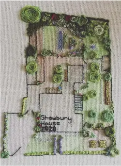  ??  ?? Embroidery of Shawbury House garden by Megan Bilson @megwm ‘We’ve spent the last few years renovating our Regency farmhouse and garden, drawing numerous plans of the plot to help us. During lockdown we’ve had time to reflect on how far we’ve come, so I made an embroidery of one of our scribbles to capture the memory.’