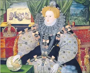  ?? [ Gemeinfrei ] ?? Elizabeth I. mit dem idealen Gesicht der Renaissanc­e: hohe Stirn ohne Falten. Die Haut ebenmäßig und weiß, hervorgeho­ben durch Wangenröte und rote Lippen.
