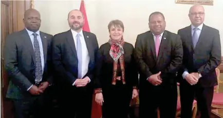  ?? Photo: DEPTFO News ?? Minister for Agricultur­e, Rural and Maritime Developmen­t and National Disaster Management Inia Seruiratu (second from right), and Fiji’s Ambassador to Belgium and France, Deo Saran (right) at the Climate Champions Meeting in Paris.