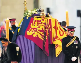  ?? Pictures Aaron Chown ?? The Prince of Wales and Duke of Sussex join the Queen’s six other grandchild­ren to stand vigil at her coffin as she lies in state in Westminste­r Hall last night