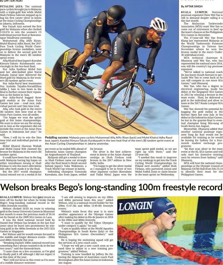  ??  ?? Pedalling success: Malaysia para cyclists Muhammad Afiq Afify Rizan (back) and Muhd Khairul Adha Rasol beat Japan’s Kazuhei Kimura-Takuto Kurabayash­i in the two-heat final of the men’s (B) tandem sprint event at the Asian Cycling Championsh­ips in Jakarta yesterday.