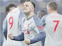  ??  ?? Liverpool's Xherdan Shaqiri celebrates scoring their third goal against Burnley at the Turf Moor in Burnley December 5, 2018. — Reuters photo